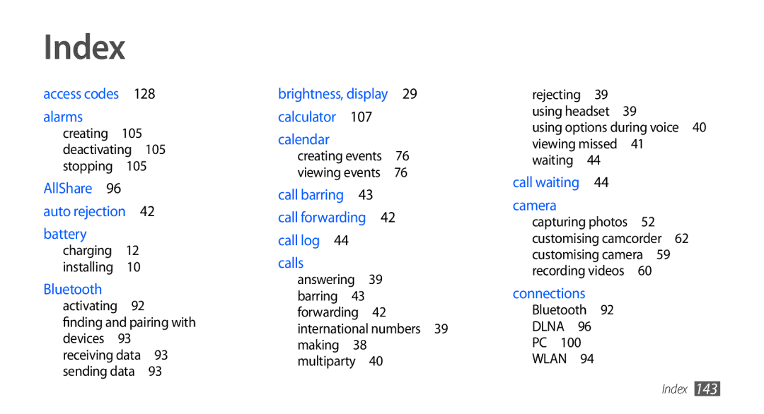 Samsung GT-I9000HKAOTU manual Index, Using options during voice 40 viewing missed 41 waiting , Bluetooth DLNA PC WLAN  